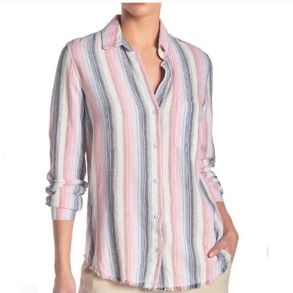 Anthropologie Cloth & Stone Striped Button Up Shirt Raw Hem Size Small